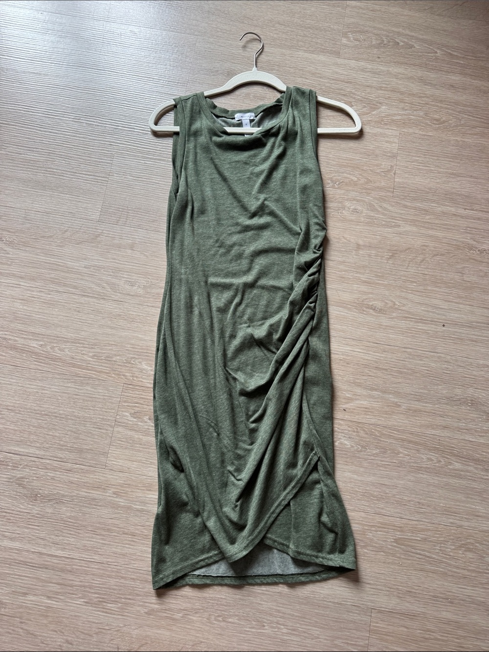 Leith Olive Green Sleeveless Midi Dress with Side Ruching